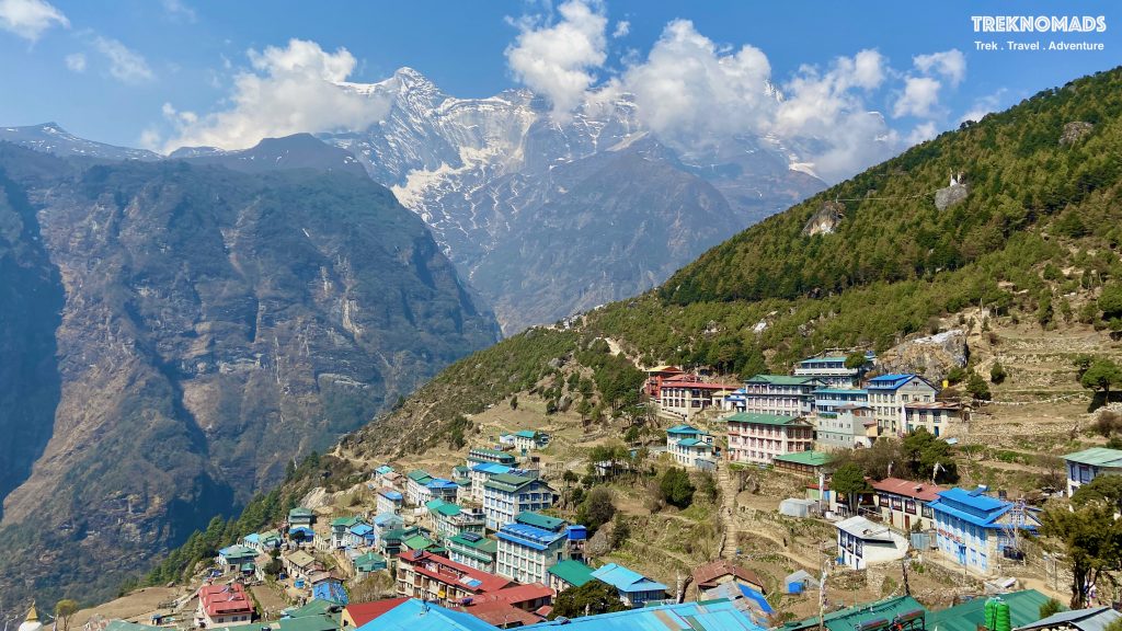 The view from Namche Bazaar. Namche Bazaar is at an altitude of ~3,400 meters above sea level. This is a famous Sherpa Village and is gateway to the Everest Region. Even during the first Everest Expeditions in 1950s, this route was taken by Sir Edmund Hillary, Shimpton and other climbers. This town is bustling with modern activities and amenities like spa, massage, cafes, bars. They even have their own North Face store!