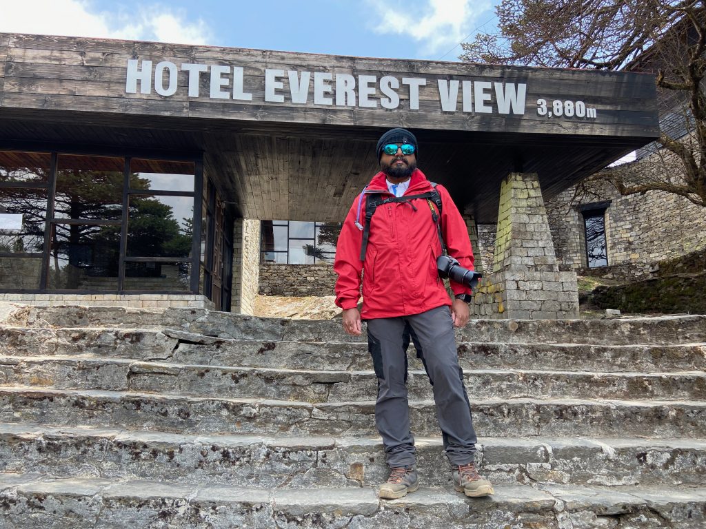 hiker, everest view hotel, steps, mountain